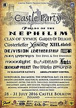 Castle Party, Castle Party 2016, Fields Of The Nephilim, Closterkeller, Clan Of Xymox, Two Witches, Xandria, DE/VISION, Garden Of Delight, Moonlight, Deathcamp Project, LEÆTHER STRIP, Absolute Body Control, UK Decay, XIII. Stoleti, Furia, Das Moon